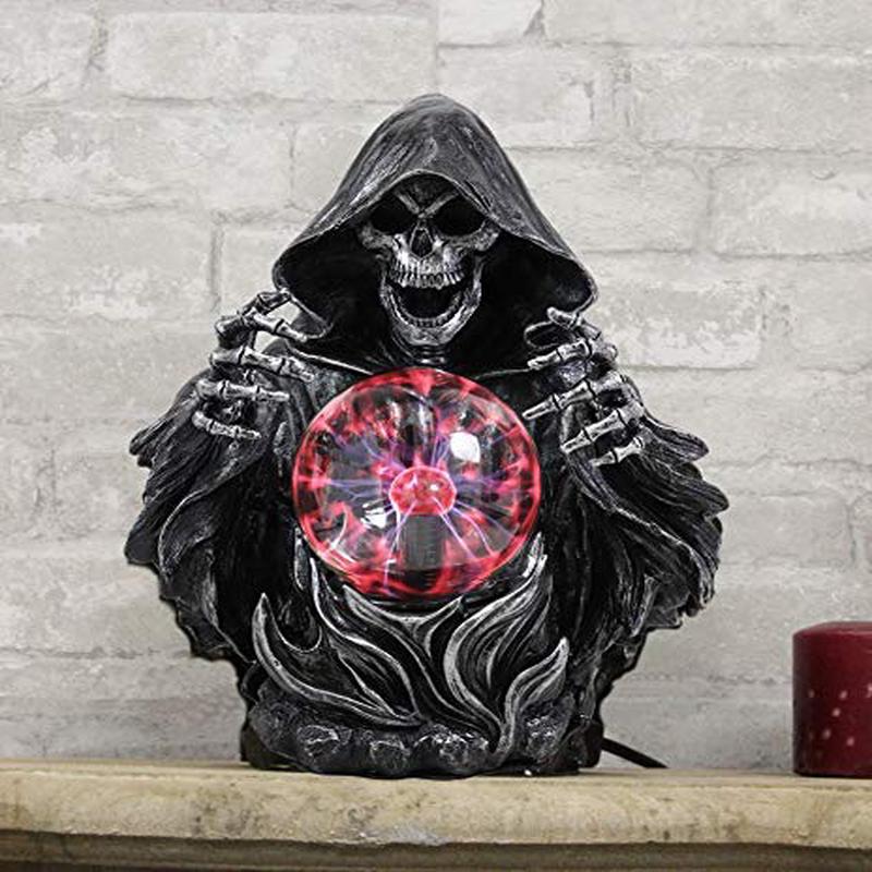 Ebros 11.25" H Gothic Alchemy Arch Evil Grim Reaper Skeleton Invoking Death Statue Electric Plasma Scrying Glass Ball Lamp AC Powered Flashing Lights Party Accent Home Decor
