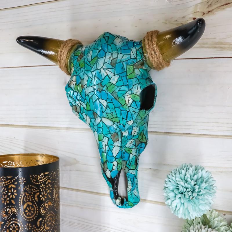 Ebros 11.5" W Turquoise Mosaic Steer Bison Bull Head W/ Horns Wall Mount Decor