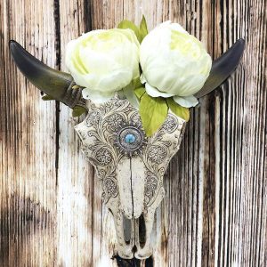 Ebros 11.5" Wide Southwest Steer Bison Buffalo Bull Cow Horned Skull Head with Lace Tooled Design and Turquoise Gem Hanging Wall Mount Flower Vase Decor