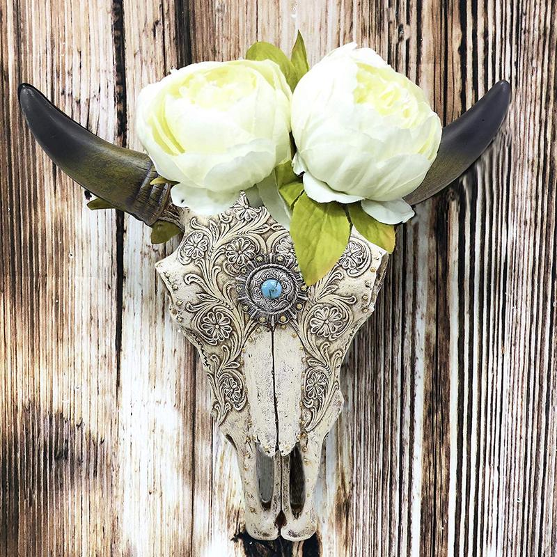 Ebros 11.5" Wide Southwest Steer Bison Buffalo Bull Cow Horned Skull Head with Lace Tooled Design and Turquoise Gem Hanging Wall Mount Flower Vase Decor