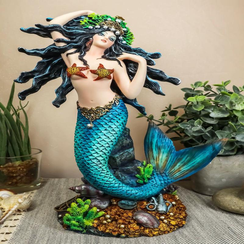 Ebros 11"H Nautical Turquoise Tail Mermaid Pearl Crown Princess By Treasures Statue