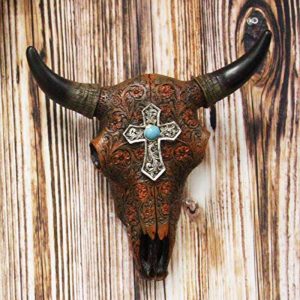 Ebros 11" High Western Southwest Steer Bison Buffalo Bull Cow Horned Skull Head with Turquoise Gem Silver Cross Tooled Leather Design Wall Mount Decor