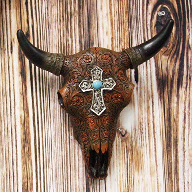 Ebros 11" High Western Southwest Steer Bison Buffalo Bull Cow Horned Skull Head with Turquoise Gem Silver Cross Tooled Leather Design Wall Mount Decor