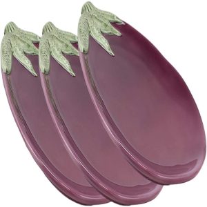 Ebros 11" Long Ceramic Eggplant Brinjal Fruit Shaped Serving Plate Dish SET OF 3