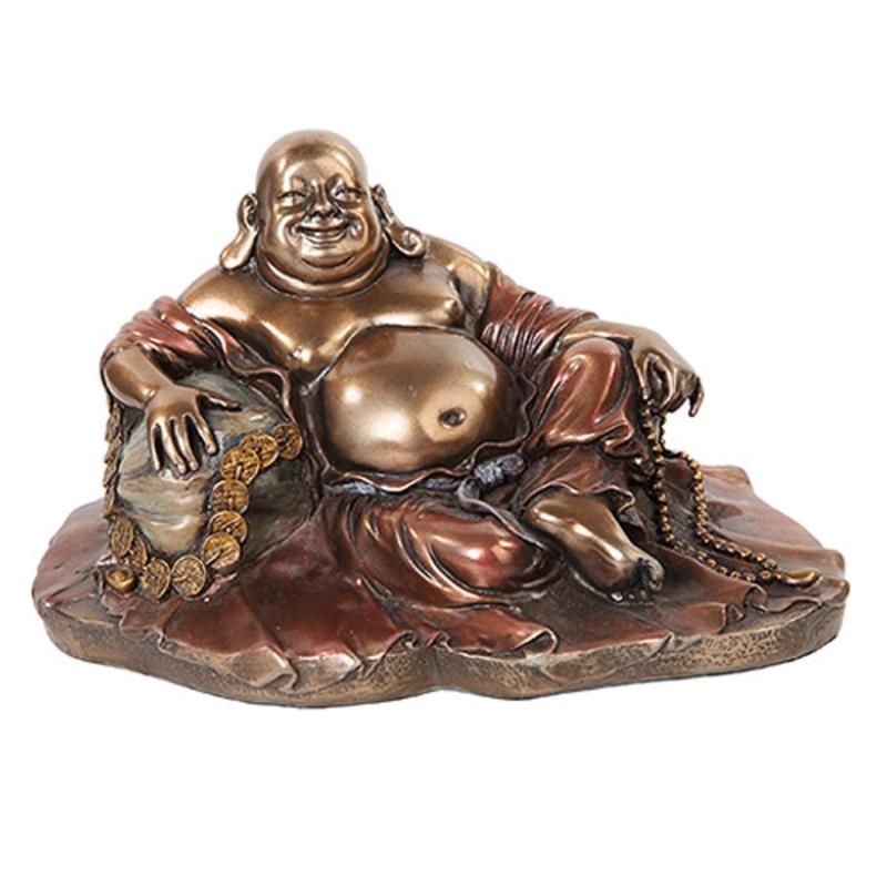 Ebros 11" Long Lucky Happy Buddha Resting on Fortune Coins Wealth Bodhisattva Sculpture Statue