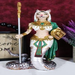 Ebros 11" Tall Colorful Egyptian Feline Goddess Bastet Cat with Slain Snake Apep Tail Holding Spear & Shield Statue 11" H Ubasti Bast Figurine