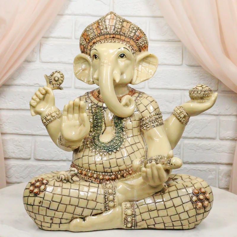Ebros 11" Tall Hindu Ganesha in Meditation Holding Bowl Conch and Lotus Statue
