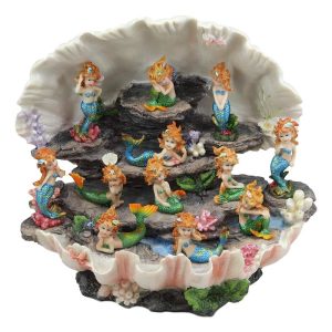 Ebros 12.25" Wide Colorful Nautical Ocean Giant Clam Shell of The Coral Reefs Display Stand with 12 Miniature Mergirls Figurine Set Fantasy Mergirl Mermaids