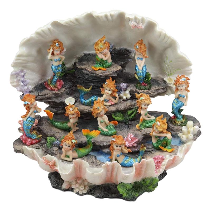Ebros 12.25" Wide Colorful Nautical Ocean Giant Clam Shell of The Coral Reefs Display Stand with 12 Miniature Mergirls Figurine Set Fantasy Mergirl Mermaids