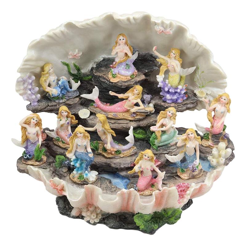 Ebros 12.25" Wide Colorful Nautical Ocean Giant Clam Shell of The Coral Reefs Display Stand with 12 Miniature Mermaids Figurine Set Fantasy Mermaid Mergirls