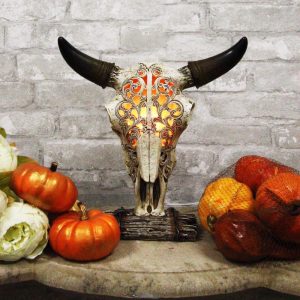 Ebros 12.5" Tall Southwest Aged Bone Tooled Filigree Lace Design Steer Bison Buffalo Bull Cow Horned Skull Head Night Light Lamp Centerpiece Side Table Decor Statue Skulls Western Accent Lighting