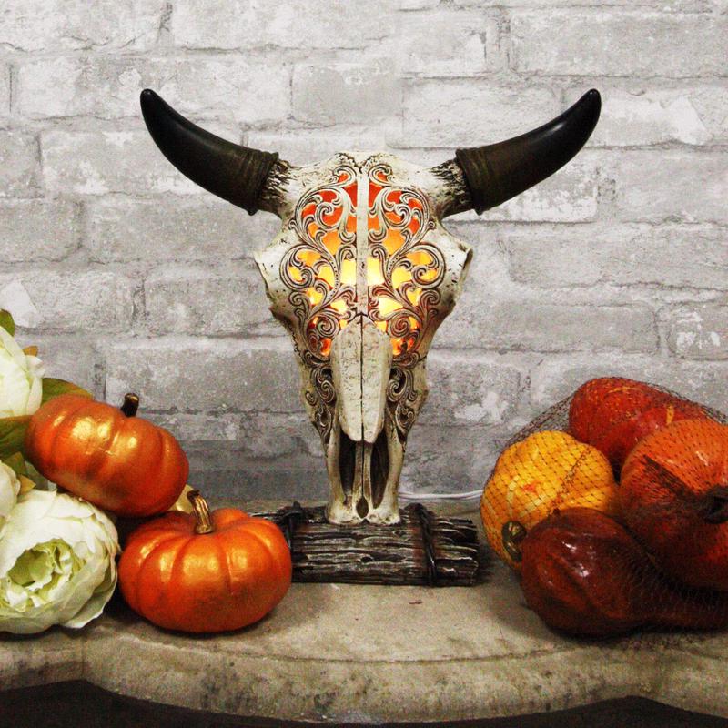 Ebros 12.5" Tall Southwest Aged Bone Tooled Filigree Lace Design Steer Bison Buffalo Bull Cow Horned Skull Head Night Light Lamp Centerpiece Side Table Decor Statue Skulls Western Accent Lighting