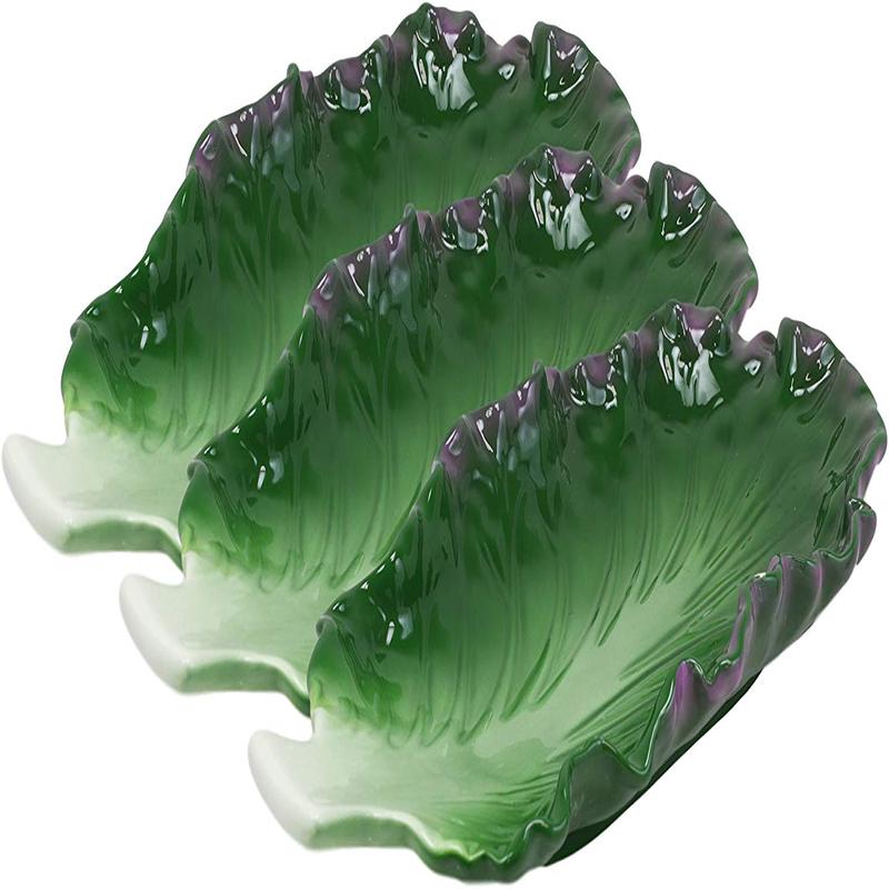 Ebros 12"L Ceramic Fresh Hearty Red Leaf Lettuce Shaped Serving Plate SET OF 3