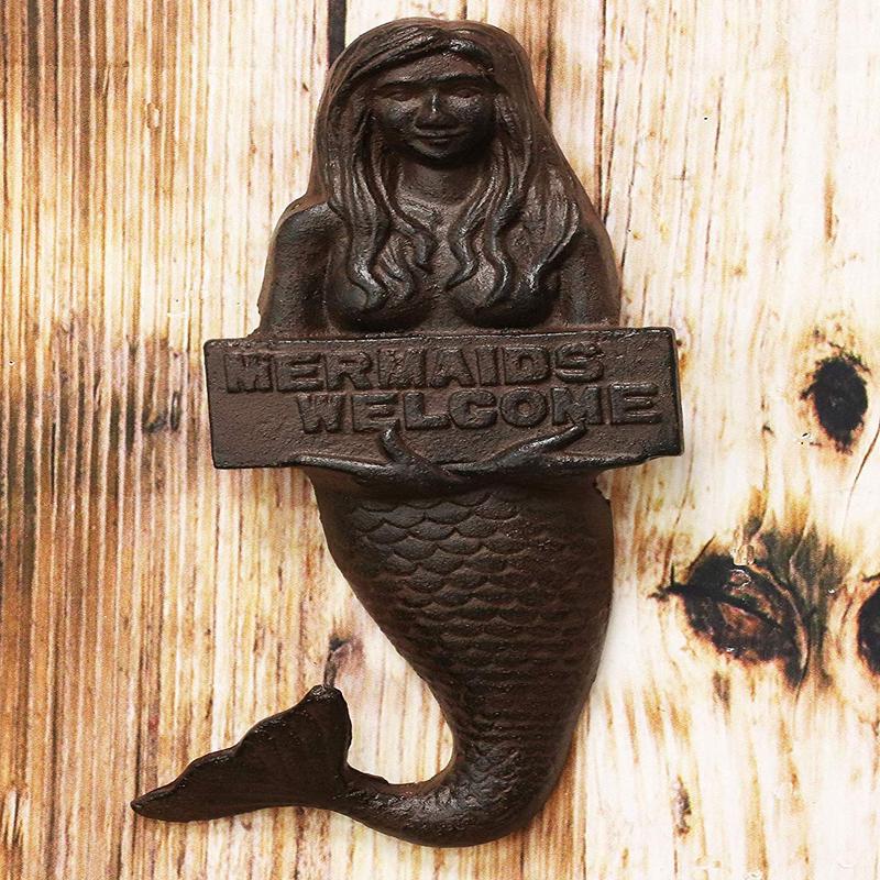 Ebros 12" Tall Cast Iron Mermaid Holding Mermaids Welcome Sign Wall Plaque