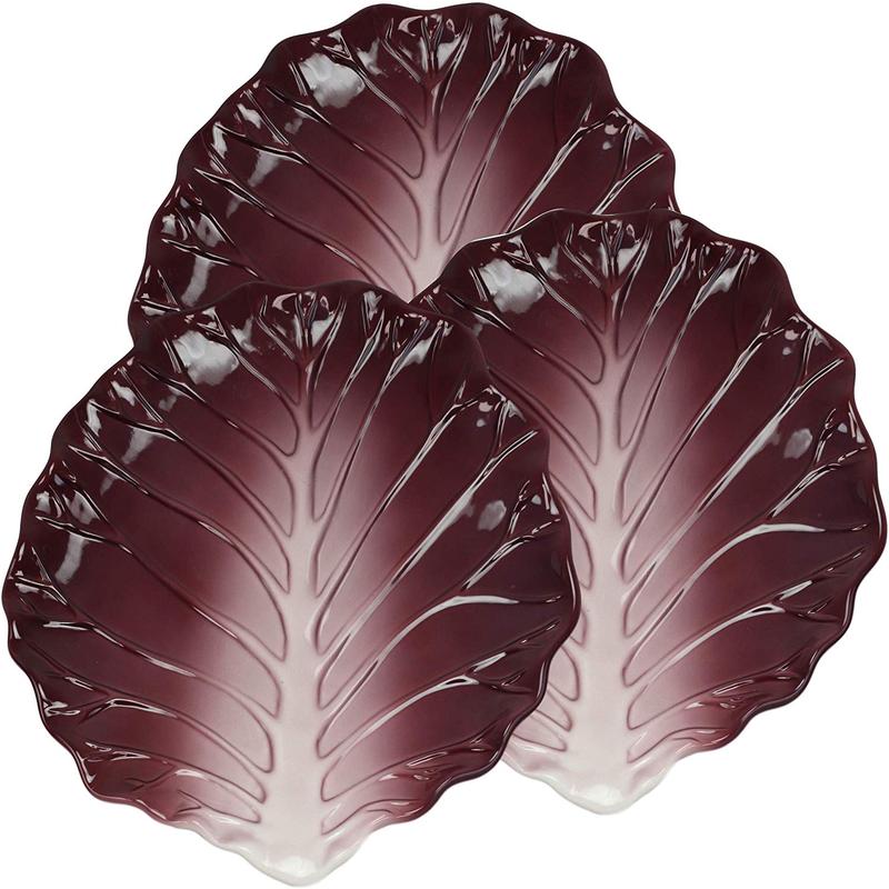 Ebros 12"W Ceramic Red Lettuce Shaped Serving Plate or Dish Platter (SET OF 3)