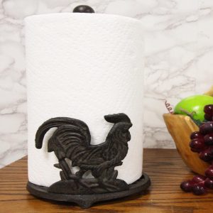 Ebros 13.5"Tall Cast Iron Metal Rustic Vintage Proud Farm Rooster Chicken With Scroll Art Design Paper Towel Holder Display Dispenser Stand Counter Top