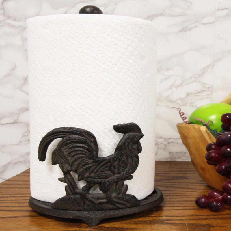 Ebros 13.5"Tall Cast Iron Metal Rustic Vintage Proud Farm Rooster Chicken With Scroll Art Design Paper Towel Holder Display Dispenser Stand Counter Top