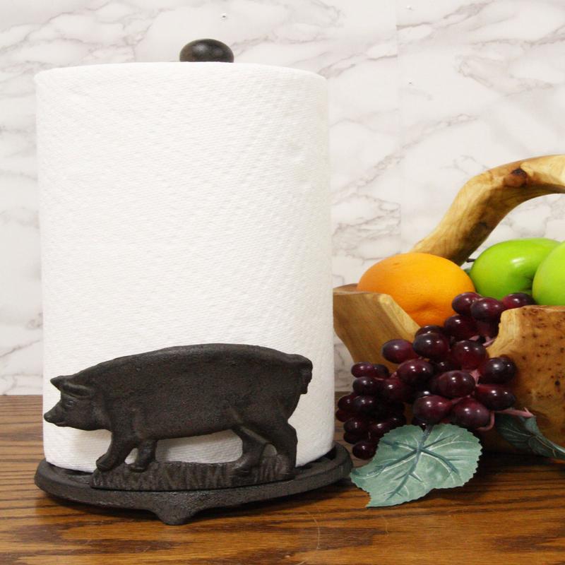 Ebros 13.5"Tall Cast Iron Rustic Farm Pig With Scroll Art Paper Towel Holder
