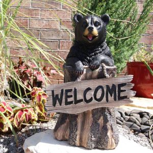 Ebros 13.5" Tall Welcome Sign Black Bear In Tree Bark Outdoor Decorative Statue