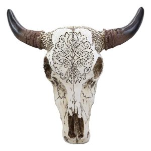 Ebros 13" High Steer Bison Buffalo Bull Cow Skull Head with Horns Wall Mount Decor with Tooled Southwestern Cross Pattern