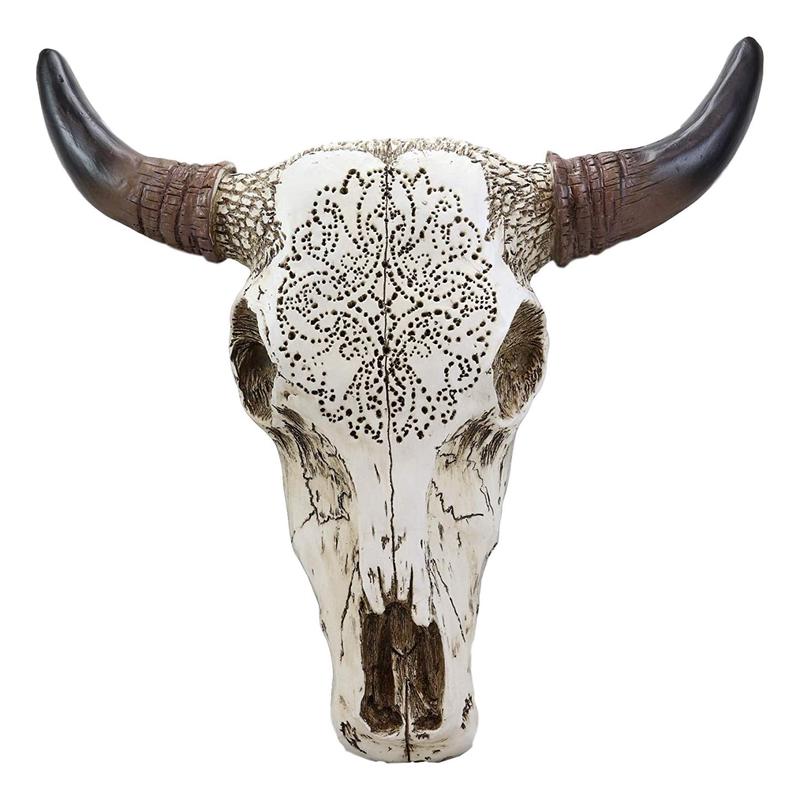 Ebros 13" High Steer Bison Buffalo Bull Cow Skull Head with Horns Wall Mount Decor with Tooled Southwestern Cross Pattern