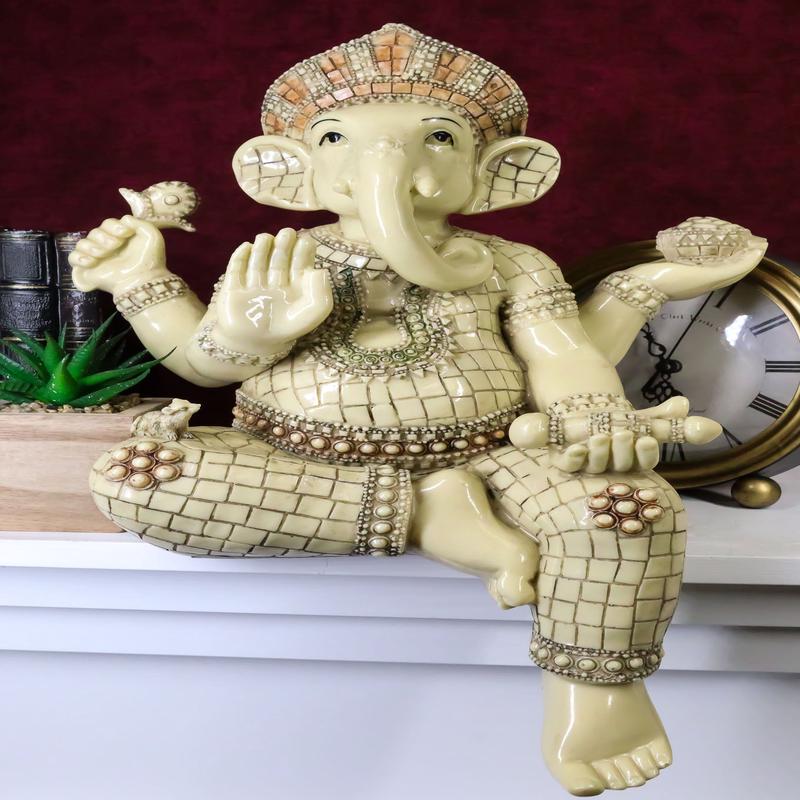 Ebros 15" Tall Hindu Ganesha Holding Modaka Bowl & Lotus Table Edge Shelf Sitter