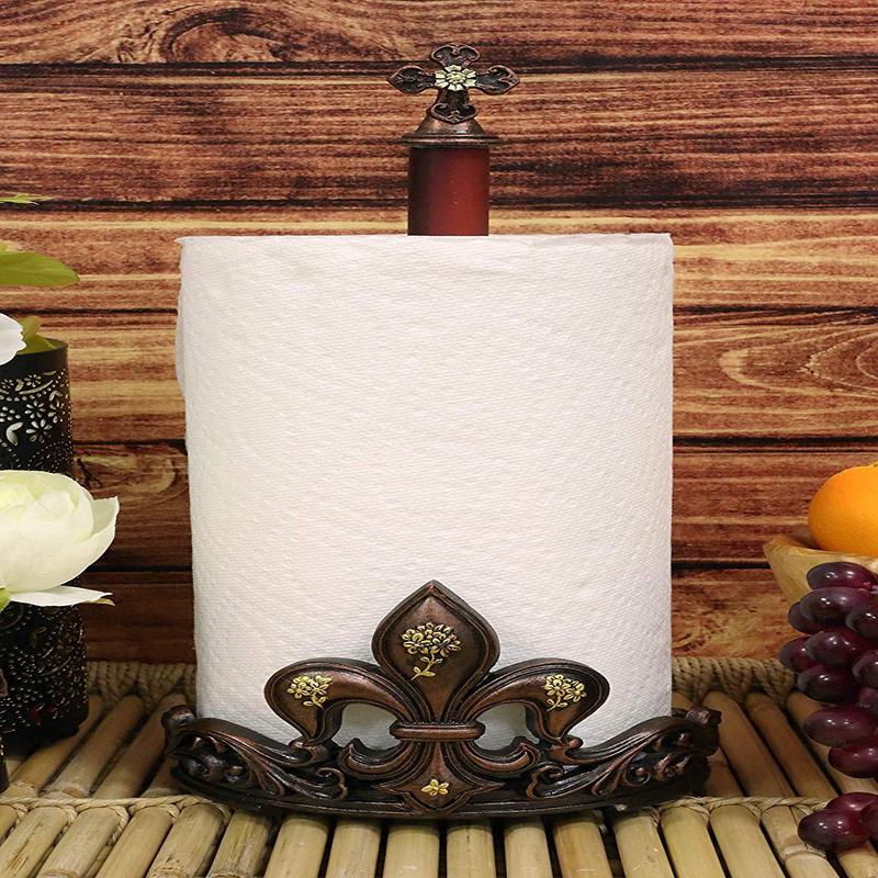 Ebros 16" Tall Rustic Vintage Fleur De Lis Cross Top Crown Paper Towel Holder