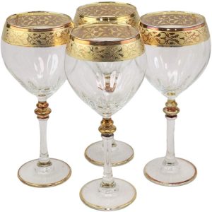 Ebros 16K Gold Accented Rim Floral Lace Vines Crystal Wine Glass Goblet Set of 4