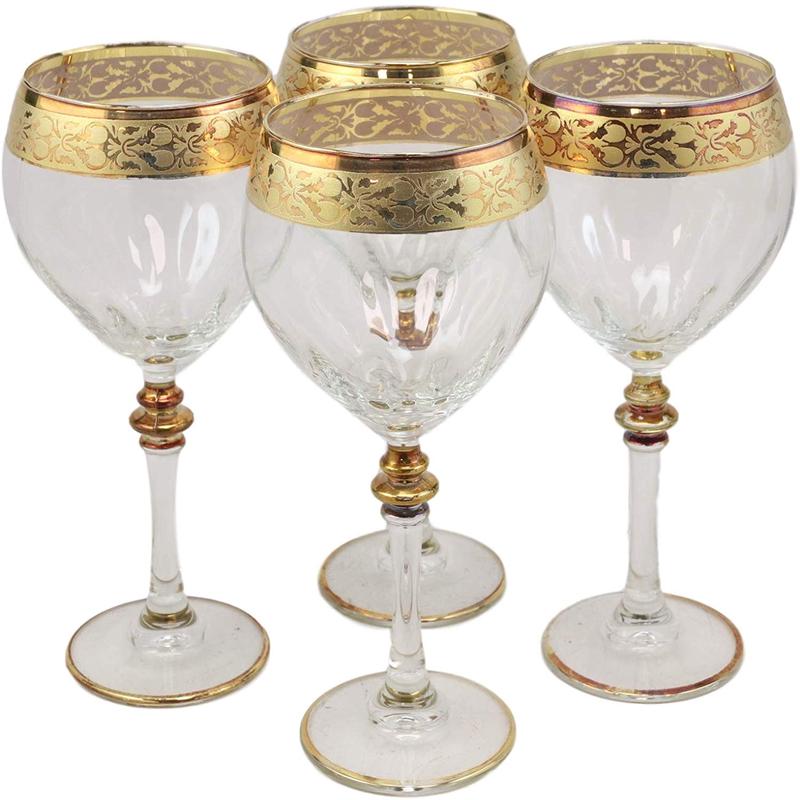 Ebros 16K Gold Accented Rim Floral Lace Vines Crystal Wine Glass Goblet Set of 4