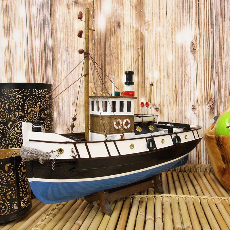 Ebros 17.25"L Blue Wooden Tugboat Boat Model Statue with Wood Base Stand Figure