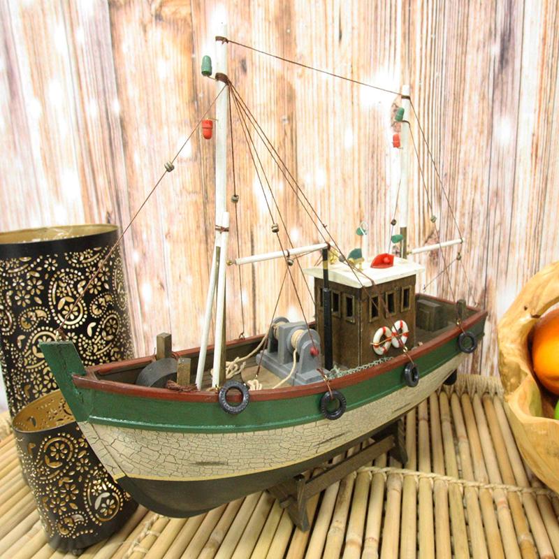 Ebros 18"L Wooden Handicraft Nautical Fishing Vessel Boat with Wood Base Figure