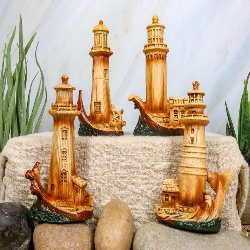 Ebros 3.5"Tall Marine Scenic Lighthouse By The Ocean Set Of 4 Miniature Figurine