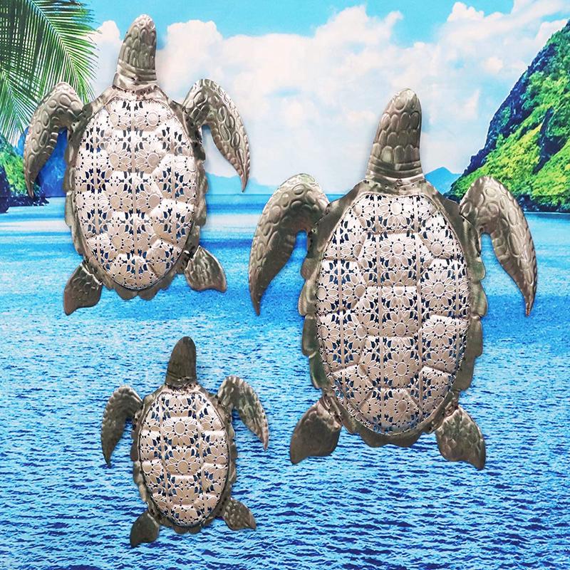 Ebros 3 Piece Galvanized Metal Swimming Sea Turtles Hanging Wall Decor Plaques