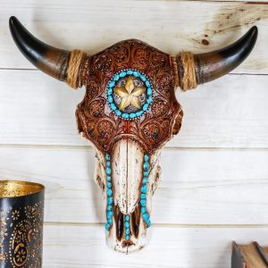 Ebros Western Star Tooled Leather Steer Bison Buffalo Bull Cow Horned Skull Wall Decor