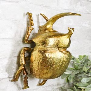Medium Gold Resin Rhinoceros Elephant Beetle Wall Decor Or Tabletop Figurine