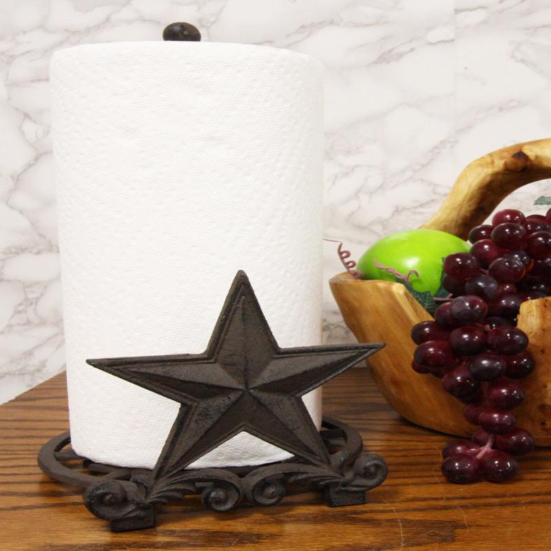 Metal Vintage Rustic Western Star & Scroll Art Paper Towel Holder Display Stand