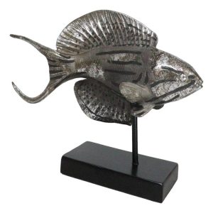 Nautical Marine Silver Tone Anthias Fish Sculpture With Museum Pole Stand Decor