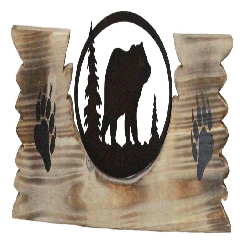 Rustic Western Black Bear By Pine Trees Metal Cutout Wooden Plank Wall Decor
