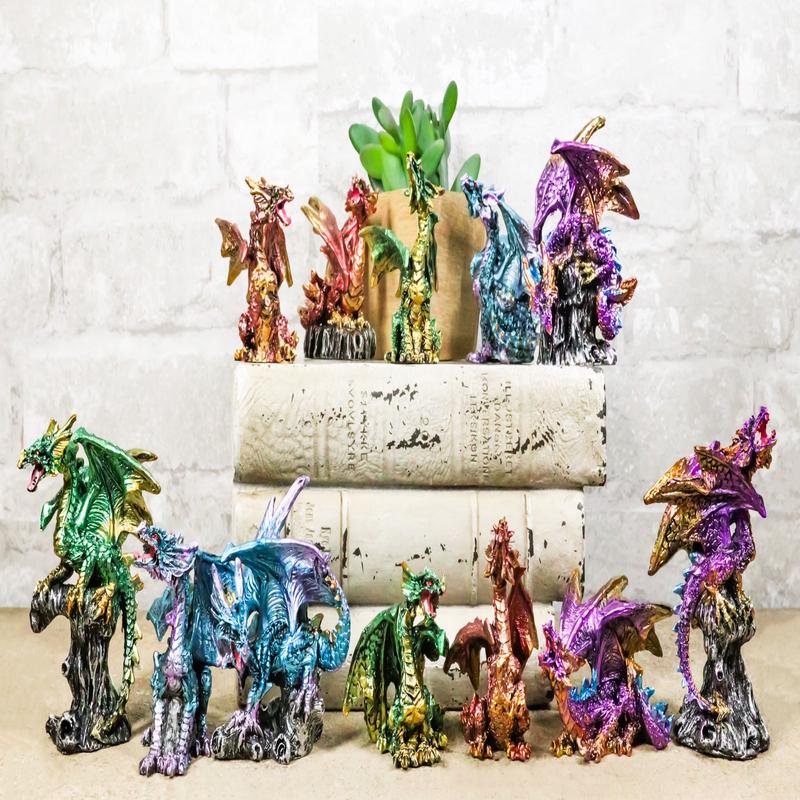 Set Of 12 Colorful Metallic Behemoth Dragons In Multiple Poses Mini Figurines