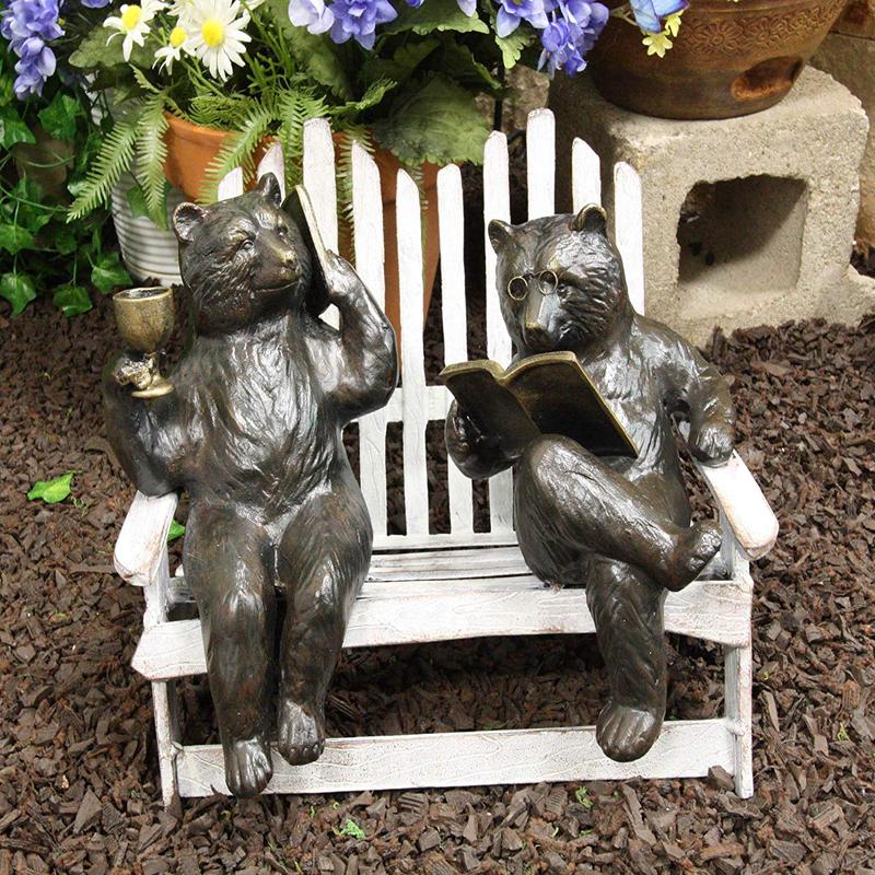 15"L Aluminum Whimsical Grizzly Bear Couple With Cell Phone Wine And Book Statue