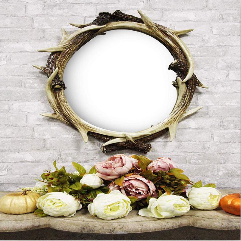 27"H Western Rustic Hunters Stag Deer Antlers Rack Oval Wall Mirror Decor Plaque