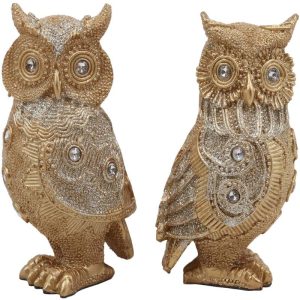 4.75"H Golden Great Horned Owls With Glitter Crystals Lace Design Figurine Set