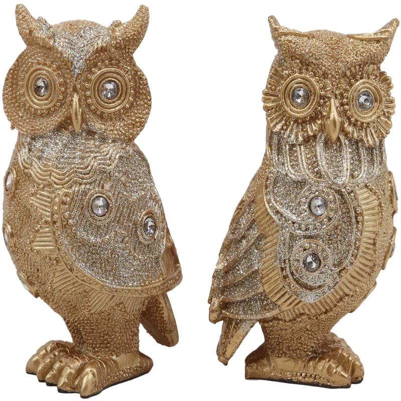 4.75"H Golden Great Horned Owls With Glitter Crystals Lace Design Figurine Set