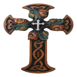 Celtic Knotwork Tooled Faux Leather Colorful Flowers Wall Cross Christian Decor