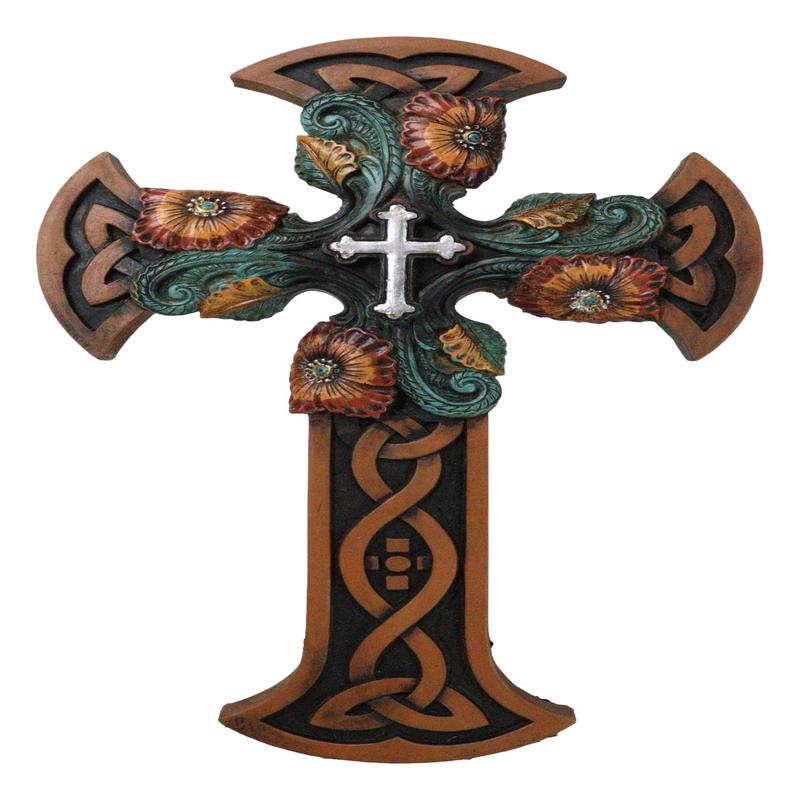 Celtic Knotwork Tooled Faux Leather Colorful Flowers Wall Cross Christian Decor
