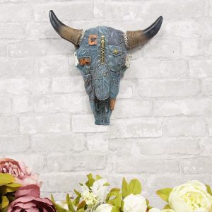 Ebros 13" Wide Western Southwest Steer Bison Buffalo Bull Cow Horned Skull Head in Cowboy Blue Denim Jeans Design Wall Mount Decor