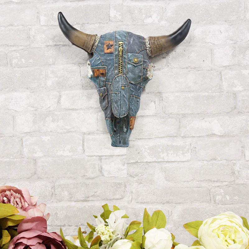 Ebros 13" Wide Western Southwest Steer Bison Buffalo Bull Cow Horned Skull Head in Cowboy Blue Denim Jeans Design Wall Mount Decor