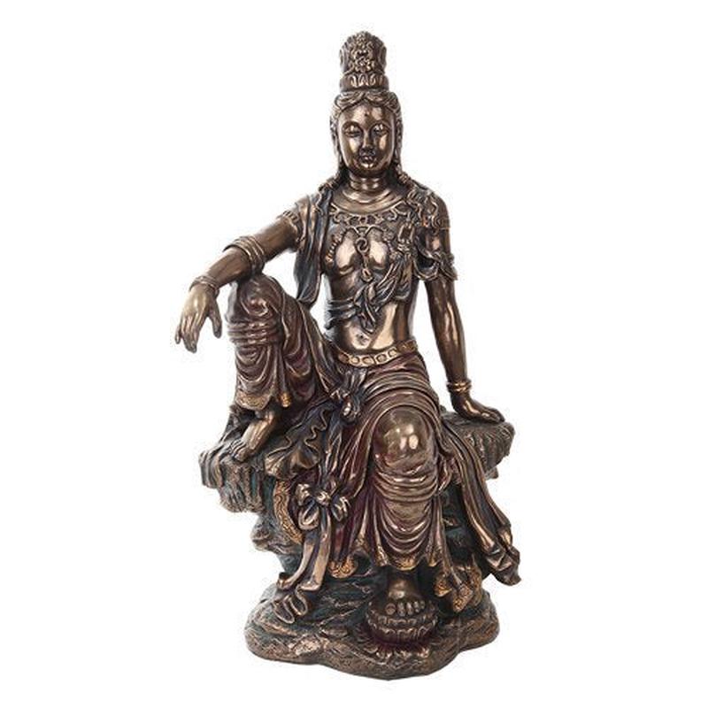 Ebros 16 Inch Water and Moon Kuan Yin Buddhist Bronze Finish Statue Figurine