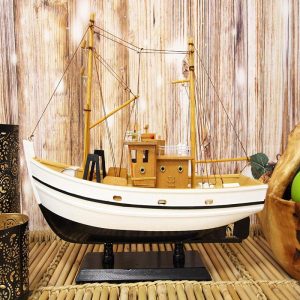 Ebros 17.25" Long Fisherman's Wharf White Wooden Handicraft Nautical Coastal Ocean Marine Trawler Fishing Vessel Boat Model Statue with Wood Base Stand Fully Assembled Figurine Sea Ship Prototype