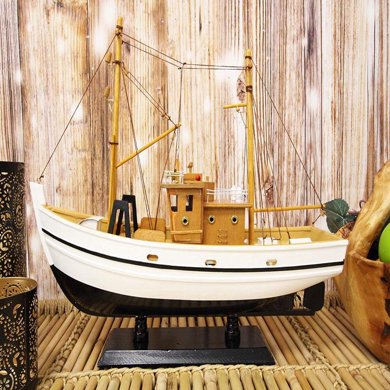Ebros 17.25" Long Fisherman's Wharf White Wooden Handicraft Nautical Coastal Ocean Marine Trawler Fishing Vessel Boat Model Statue with Wood Base Stand Fully Assembled Figurine Sea Ship Prototype